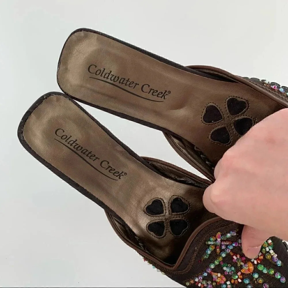 Coldwater Creek size 7.5 mules chocolate brown Thai satin beaded Bollywood - Picture 10 of 12